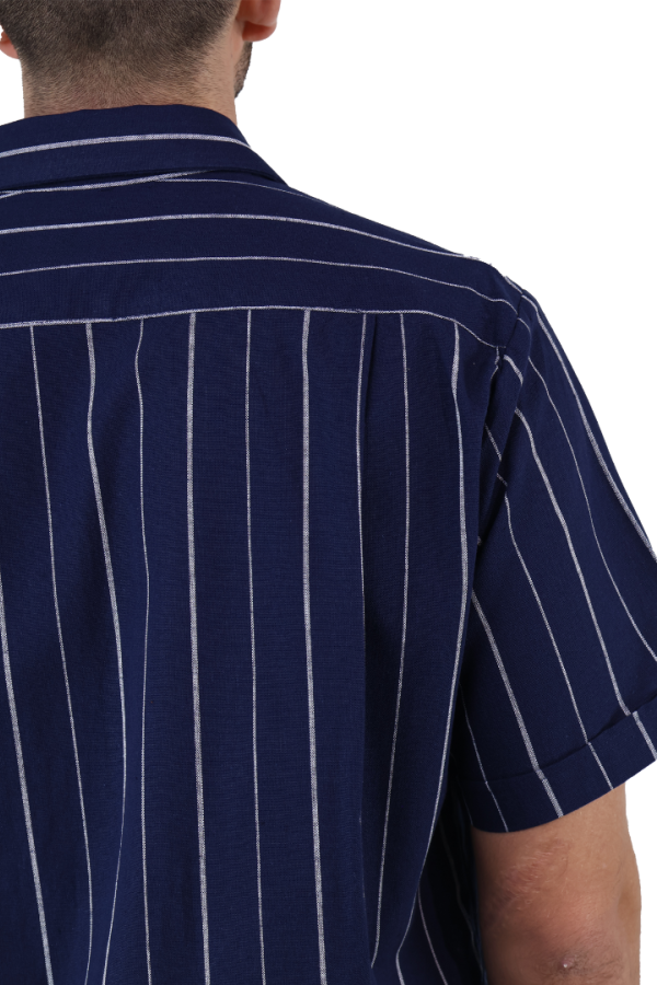 Camisa Manga Corta Resort Azul Marino Estampado Vertical De Algodón Para Hombre
